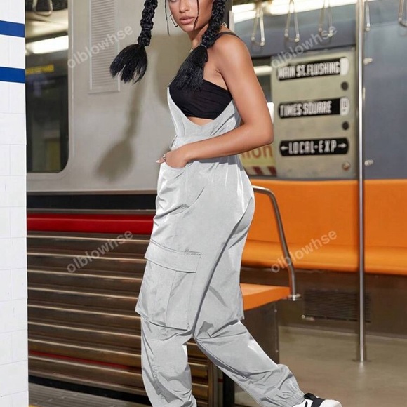 Stylish Silver Overalls Street Flap Pocket Side Belt Cargo Jumpsuit Without Top - Picture 4 of 9